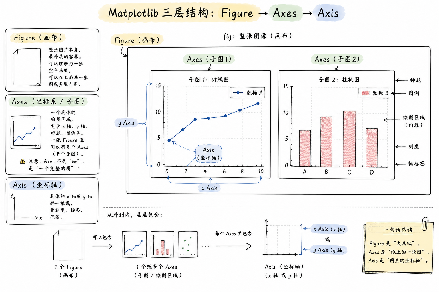 Figure、Axes、Axis 三层结构示意