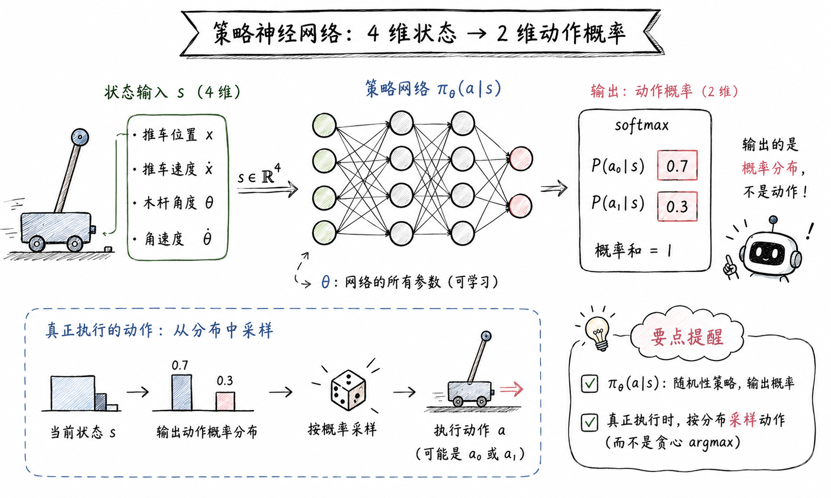 策略神经网络：4 维状态 → softmax 输出动作概率