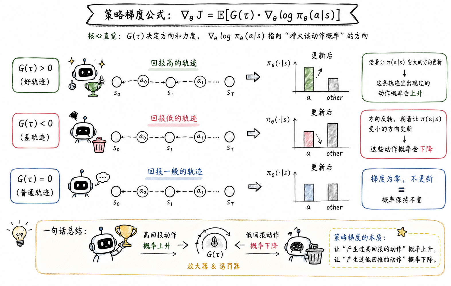 G(τ) 大小决定动作概率升降方向