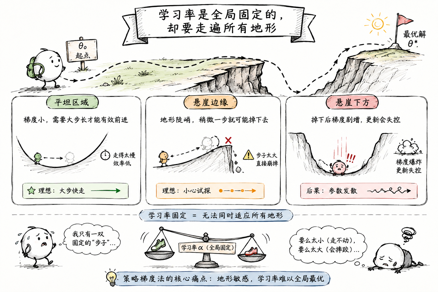 梯度上升中的平地、悬崖、最优步长对比