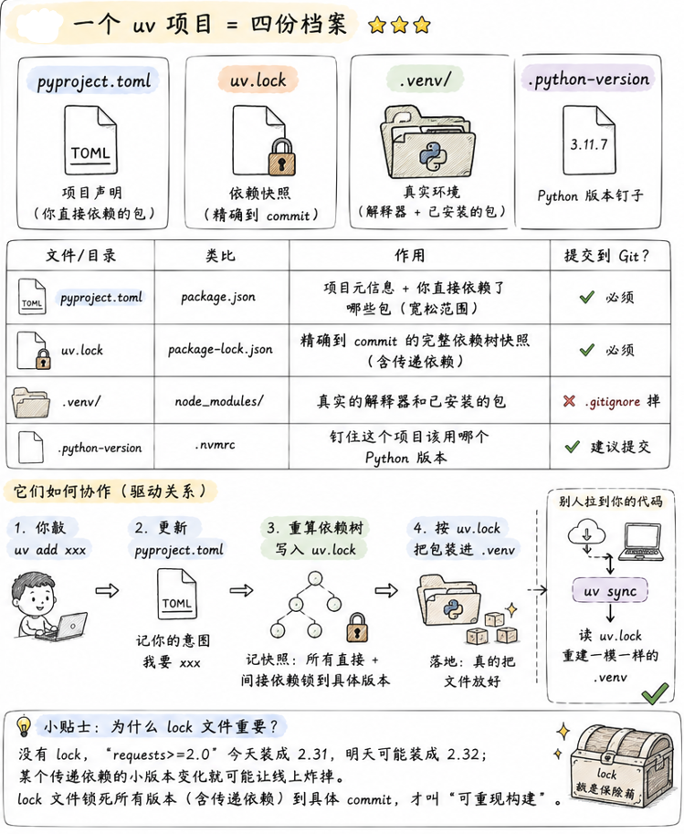 uv 项目的四份档案：pyproject.toml、uv.lock、.venv、.python-version