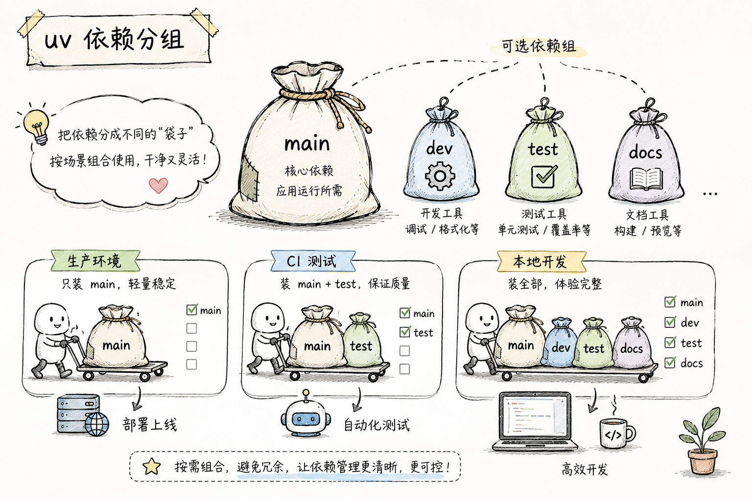 uv 依赖分组：main 主袋子 + 多个可选组